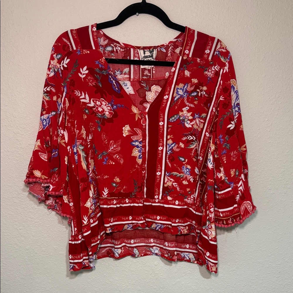 Jaase Red Floral Blouse with White and Blue Details